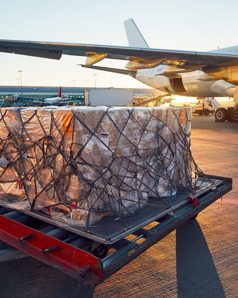 pallet of air freight on airport runway